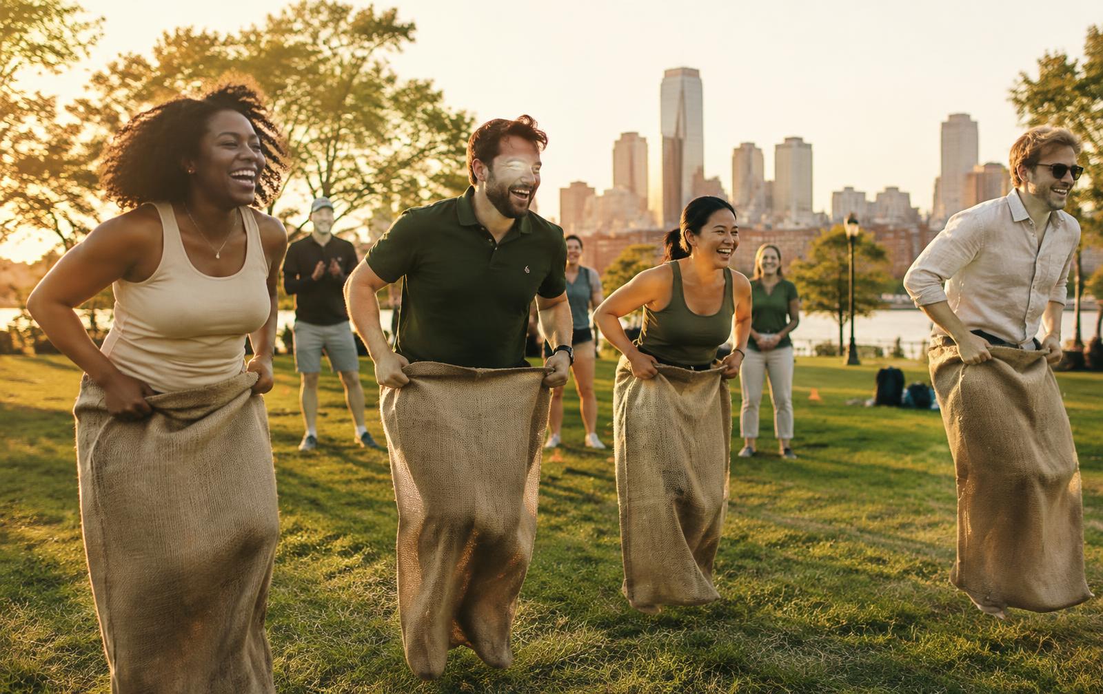Adults laughing during a sack race at a Throwback Field Day